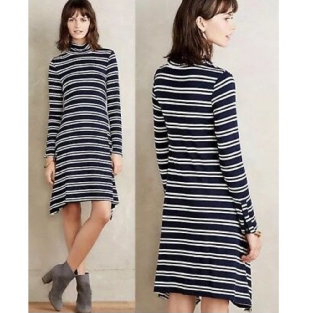 Anthropologie Maeve Striped Turtleneck Dress Navy‎ White Long Sleeve S